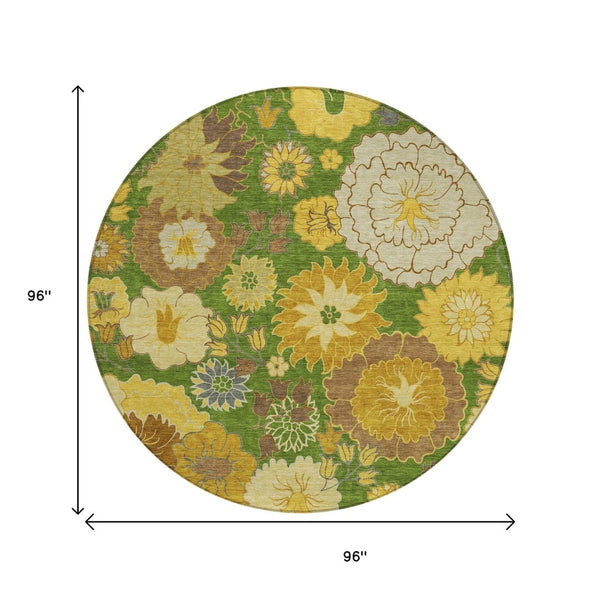 HomeRoots 8' Floral Washable Area Rug - Fern Green, Gold & Beige Round Design for Indoor/Outdoor Spaces 658101