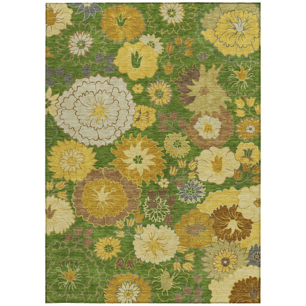 HomeRoots 9' X 12' Floral Area Rug in Fern Green, Gold & Beige – Washable, Durable for Indoor & Outdoor Spaces 658103