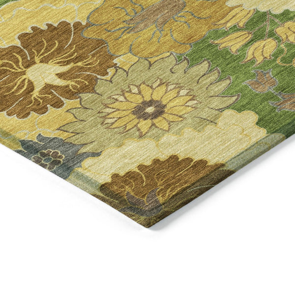 HomeRoots 9' X 12' Floral Area Rug in Fern Green, Gold & Beige – Washable, Durable for Indoor & Outdoor Spaces 658103