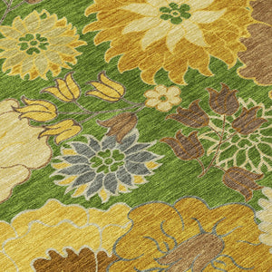 HomeRoots 9' X 12' Floral Area Rug in Fern Green, Gold & Beige – Washable, Durable for Indoor & Outdoor Spaces 658103