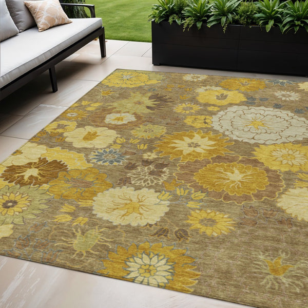 HomeRoots 5' Elegant Coffee Gold Beige Floral Area Rug - Washable Indoor/Outdoor Decor for High-Traffic Areas 658106