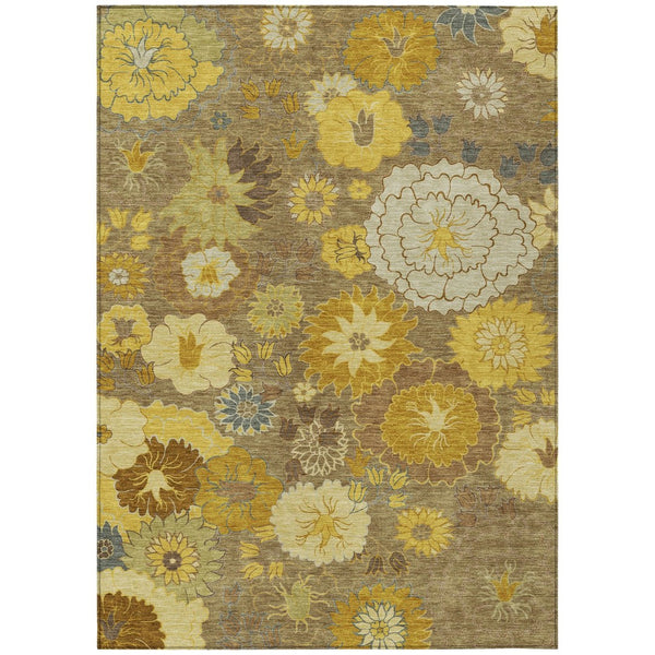 HomeRoots 5' Elegant Coffee Gold Beige Floral Area Rug - Washable Indoor/Outdoor Decor for High-Traffic Areas 658106