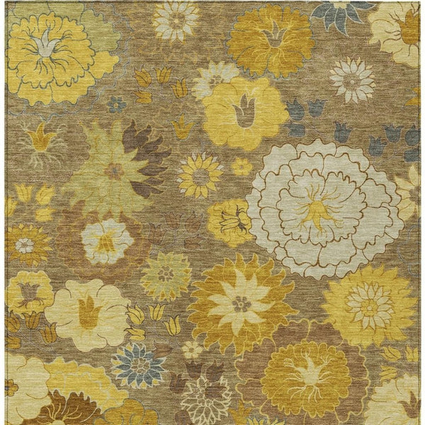 HomeRoots 5' Elegant Coffee Gold Beige Floral Area Rug - Washable Indoor/Outdoor Decor for High-Traffic Areas 658106