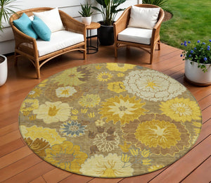 HomeRoots 8' Coffee Gold and Beige Round Floral Area Rug - Washable, Durable for Indoor & Outdoor Spaces 658107