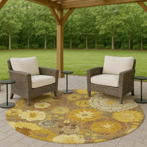 HomeRoots 8' Coffee Gold and Beige Round Floral Area Rug - Washable, Durable for Indoor & Outdoor Spaces 658107