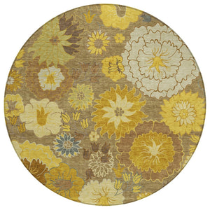 HomeRoots 8' Coffee Gold and Beige Round Floral Area Rug - Washable, Durable for Indoor & Outdoor Spaces 658107