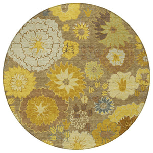 HomeRoots 8' Coffee Gold and Beige Round Floral Area Rug - Washable, Durable for Indoor & Outdoor Spaces 658107