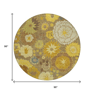 HomeRoots 8' Coffee Gold and Beige Round Floral Area Rug - Washable, Durable for Indoor & Outdoor Spaces 658107