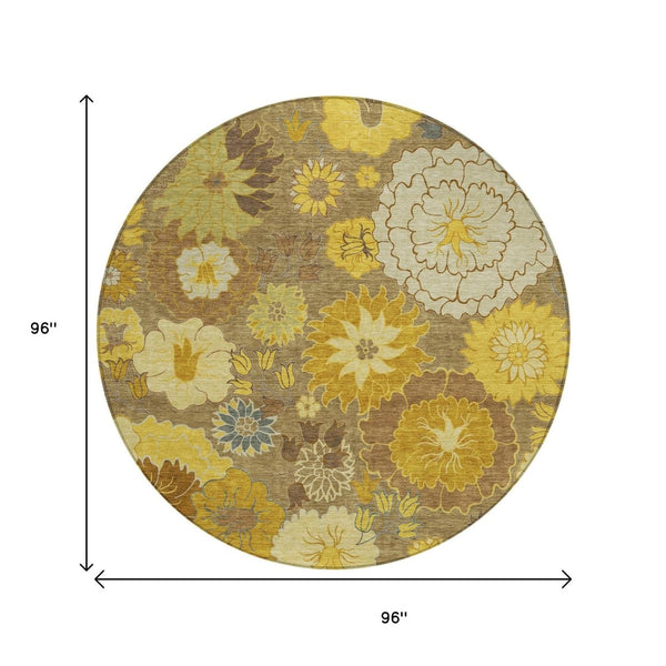 HomeRoots 8' Coffee Gold and Beige Round Floral Area Rug - Washable, Durable for Indoor & Outdoor Spaces 658107