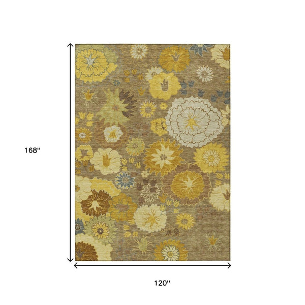 HomeRoots 10' Elegant Coffee Gold and Beige Floral Indoor-Outdoor Area Rug - Durable, Washable, Versatile Design 658110
