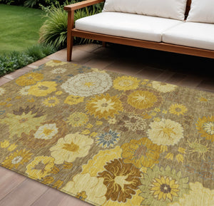 HomeRoots 10' Elegant Coffee Gold and Beige Floral Indoor-Outdoor Area Rug - Durable, Washable, Versatile Design 658110