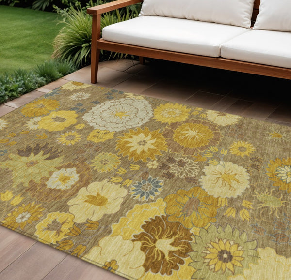 HomeRoots 10' Elegant Coffee Gold and Beige Floral Indoor-Outdoor Area Rug - Durable, Washable, Versatile Design 658110