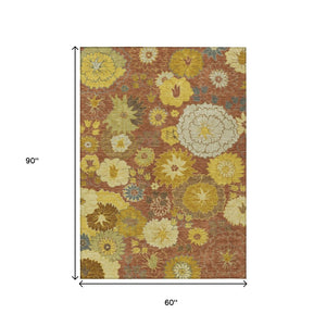 HomeRoots 5' X 8' Terra Cotta Floral Area Rug - Stylish, Washable & Versatile for Indoor/Outdoor Spaces 658112