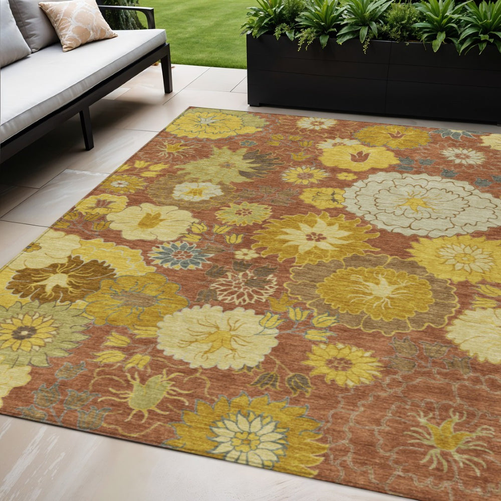 HomeRoots 5' X 8' Terra Cotta Floral Area Rug - Stylish, Washable & Versatile for Indoor/Outdoor Spaces 658112