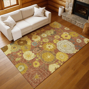 HomeRoots 5' X 8' Terra Cotta Floral Area Rug - Stylish, Washable & Versatile for Indoor/Outdoor Spaces 658112
