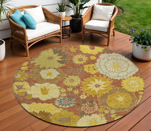 HomeRoots 8' Terra Cotta Round Floral Area Rug - Stylish, Washable, Indoor/Outdoor, Durable, Stain-Resistant Design 658113