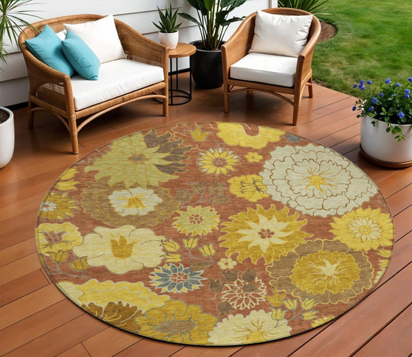 HomeRoots 8' Terra Cotta Round Floral Area Rug - Stylish, Washable, Indoor/Outdoor, Durable, Stain-Resistant Design 658113