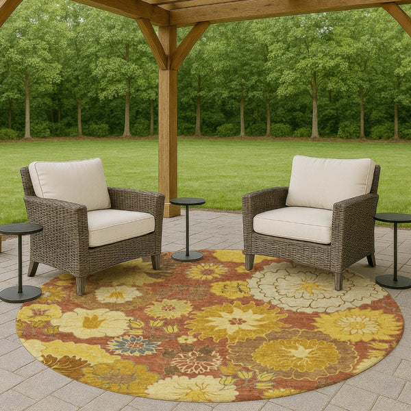 HomeRoots 8' Terra Cotta Round Floral Area Rug - Stylish, Washable, Indoor/Outdoor, Durable, Stain-Resistant Design 658113