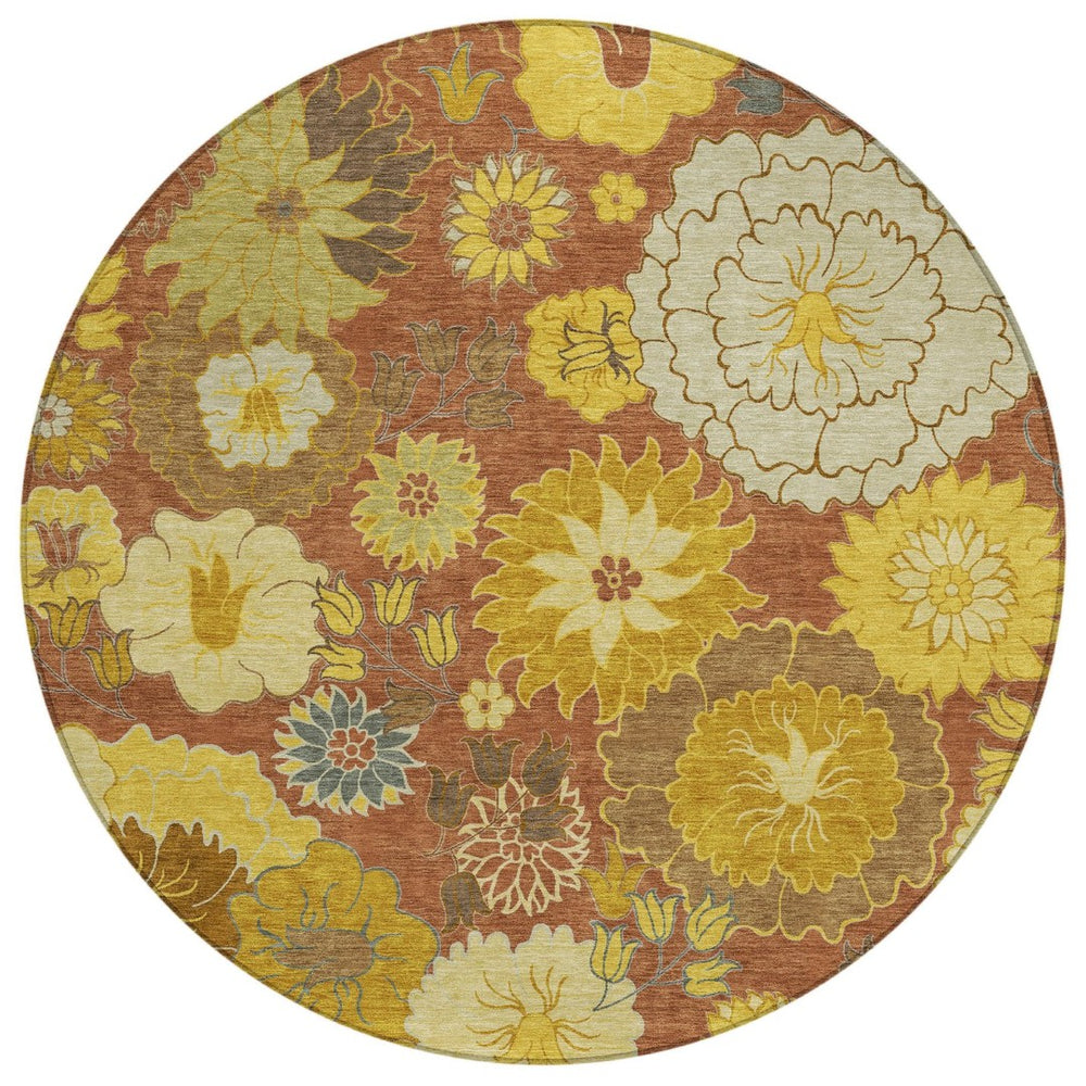 HomeRoots 8' Terra Cotta Round Floral Area Rug - Stylish, Washable, Indoor/Outdoor, Durable, Stain-Resistant Design 658113