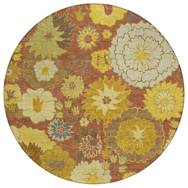 HomeRoots 8' Terra Cotta Round Floral Area Rug - Stylish, Washable, Indoor/Outdoor, Durable, Stain-Resistant Design 658113