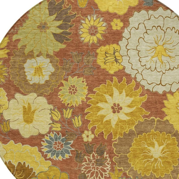 HomeRoots 8' Terra Cotta Round Floral Area Rug - Stylish, Washable, Indoor/Outdoor, Durable, Stain-Resistant Design 658113