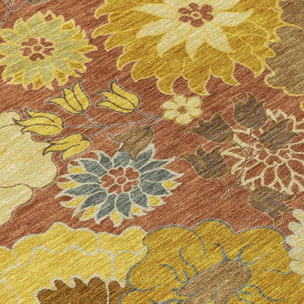 HomeRoots 8' Terra Cotta Round Floral Area Rug - Stylish, Washable, Indoor/Outdoor, Durable, Stain-Resistant Design 658113