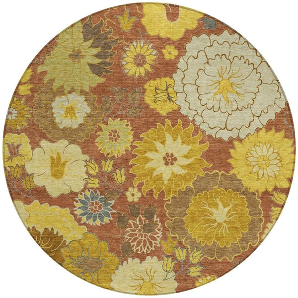 HomeRoots 8' Terra Cotta Round Floral Area Rug - Stylish, Washable, Indoor/Outdoor, Durable, Stain-Resistant Design 658113