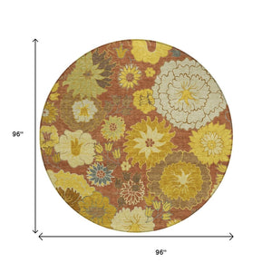 HomeRoots 8' Terra Cotta Round Floral Area Rug - Stylish, Washable, Indoor/Outdoor, Durable, Stain-Resistant Design 658113