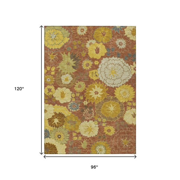 HomeRoots 8' X 10' Terra Cotta Floral Area Rug – Washable, Durable Design for Indoor & Outdoor Elegance! 658114