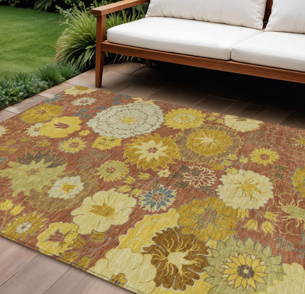 HomeRoots 9' X 12' Stylish Terra Cotta Floral Area Rug - Washable, Durable for Indoor & Outdoor Spaces! 658115
