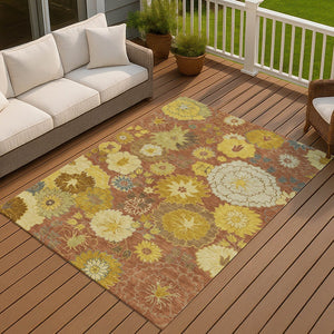 HomeRoots 9' X 12' Stylish Terra Cotta Floral Area Rug - Washable, Durable for Indoor & Outdoor Spaces! 658115