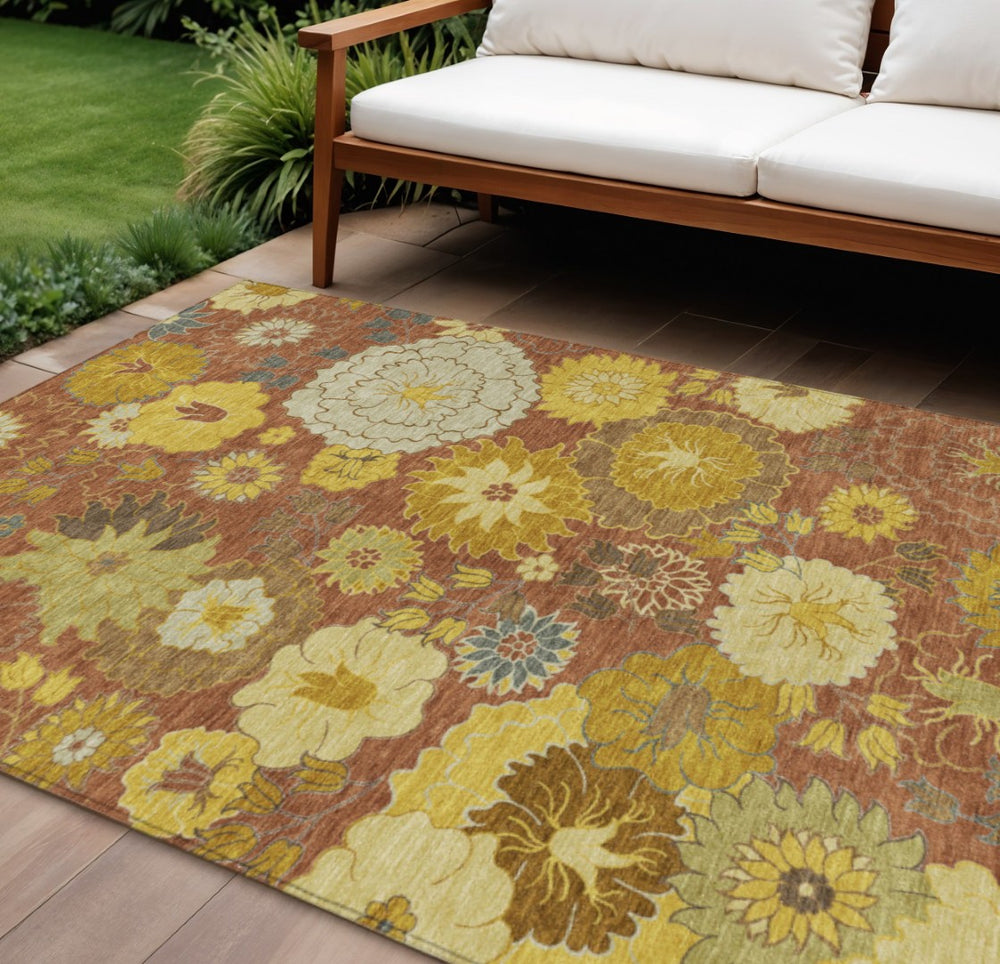 HomeRoots 10' Terra Cotta Gold & Beige Floral Washable Area Rug – Durable Indoor/Outdoor Style for Any Space 658116