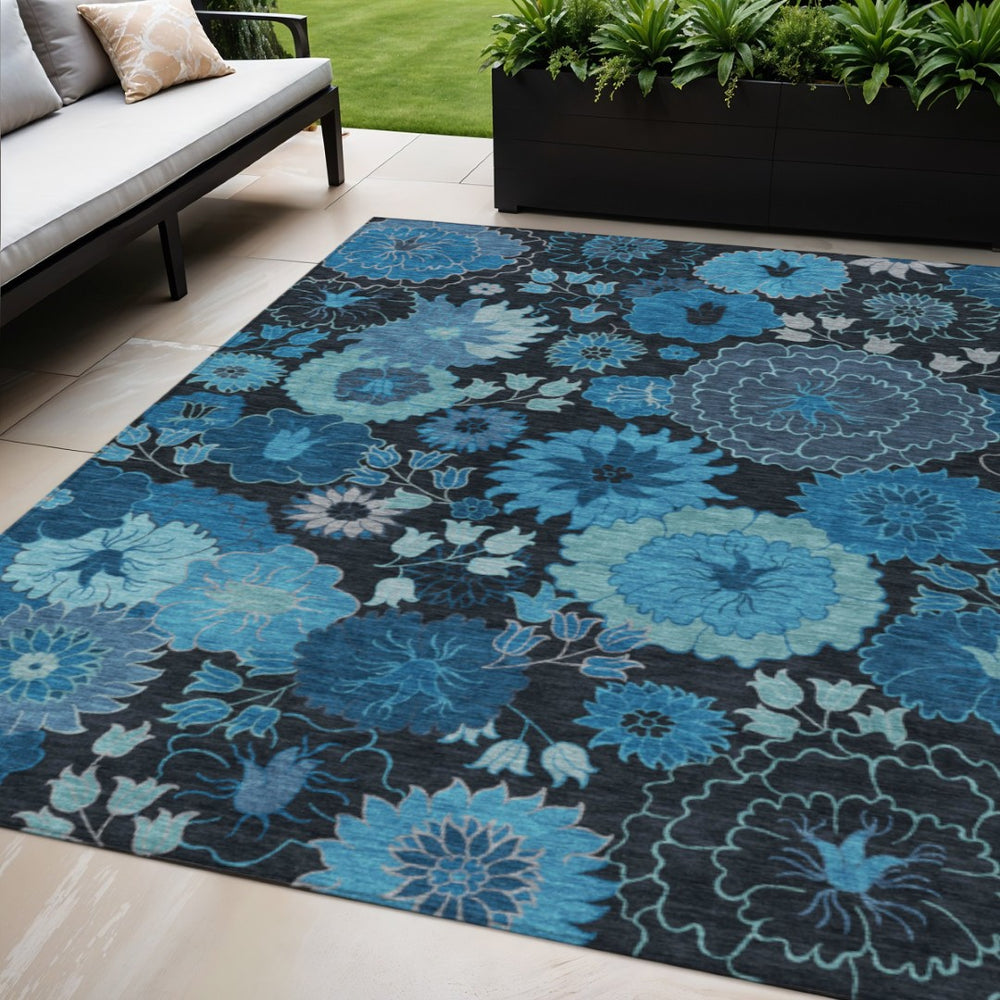 HomeRoots 5' X 8' Blue and Black Floral Washable Area Rug - Durable, Stylish Decor for Indoor & Outdoor Spaces 658118