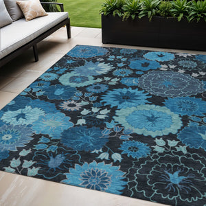 HomeRoots 5' X 8' Blue and Black Floral Washable Area Rug - Durable, Stylish Decor for Indoor & Outdoor Spaces 658118