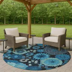 HomeRoots 8' Blue And Black Round Floral Area Rug - Durable, Washable Design for Indoor & Outdoor Spaces 658119