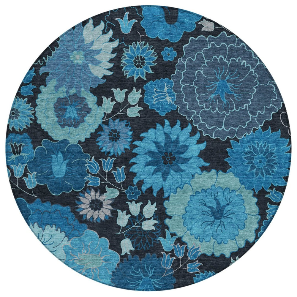 HomeRoots 8' Blue And Black Round Floral Area Rug - Durable, Washable Design for Indoor & Outdoor Spaces 658119