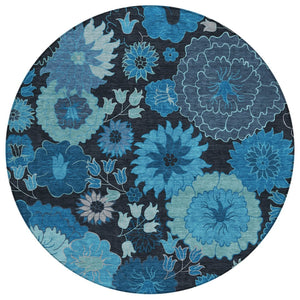 HomeRoots 8' Blue And Black Round Floral Area Rug - Durable, Washable Design for Indoor & Outdoor Spaces 658119