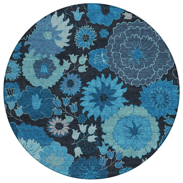 HomeRoots 8' Blue And Black Round Floral Area Rug - Durable, Washable Design for Indoor & Outdoor Spaces 658119