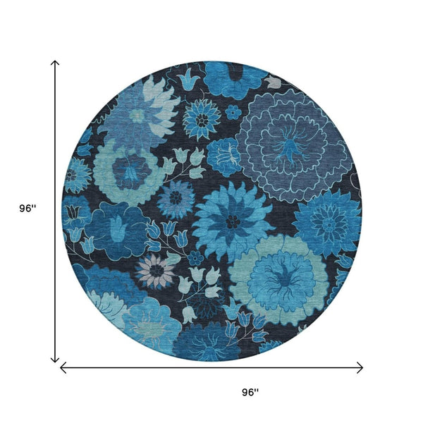 HomeRoots 8' Blue And Black Round Floral Area Rug - Durable, Washable Design for Indoor & Outdoor Spaces 658119