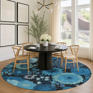 HomeRoots 8' Blue And Black Round Floral Area Rug - Durable, Washable Design for Indoor & Outdoor Spaces 658119