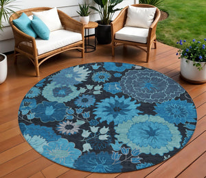 HomeRoots 8' Blue And Black Round Floral Area Rug - Durable, Washable Design for Indoor & Outdoor Spaces 658119