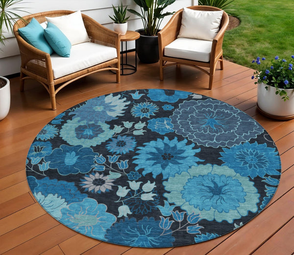 HomeRoots 8' Blue And Black Round Floral Area Rug - Durable, Washable Design for Indoor & Outdoor Spaces 658119