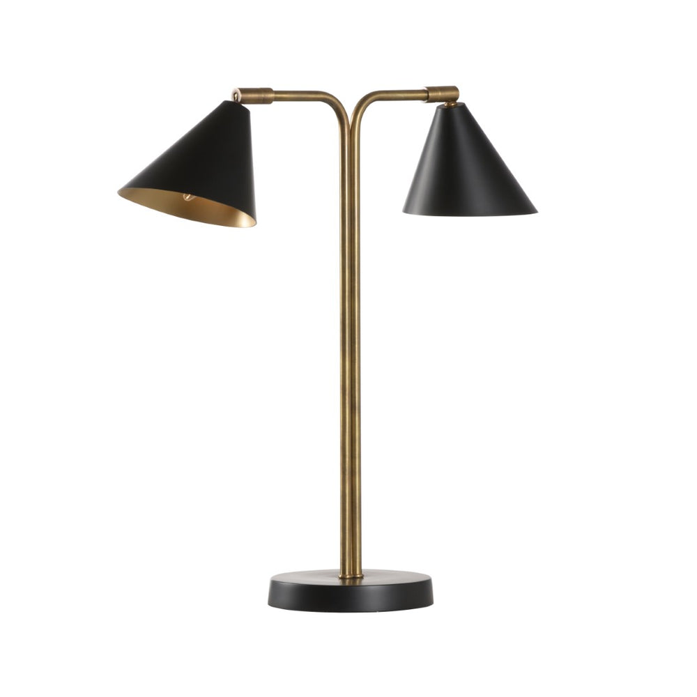 Wildwood Rizzo Mid-Century Table Lamp With Antique Brass T‑Frame And Adjustable Dual Black Cone Shades 65812