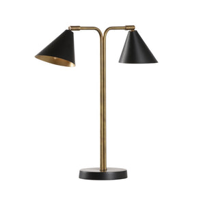 Wildwood Rizzo Mid-Century Table Lamp With Antique Brass T‑Frame And Adjustable Dual Black Cone Shades 65812