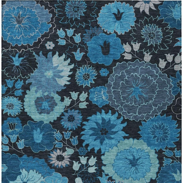 HomeRoots 8' X 10' Blue and Black Floral Washable Area Rug - Durable Comfort for Indoor & Outdoor Spaces 658120