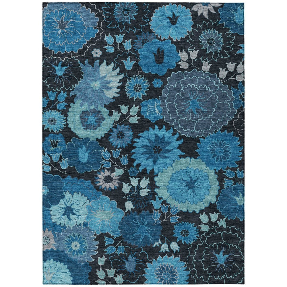 HomeRoots 8' X 10' Blue and Black Floral Washable Area Rug - Durable Comfort for Indoor & Outdoor Spaces 658120