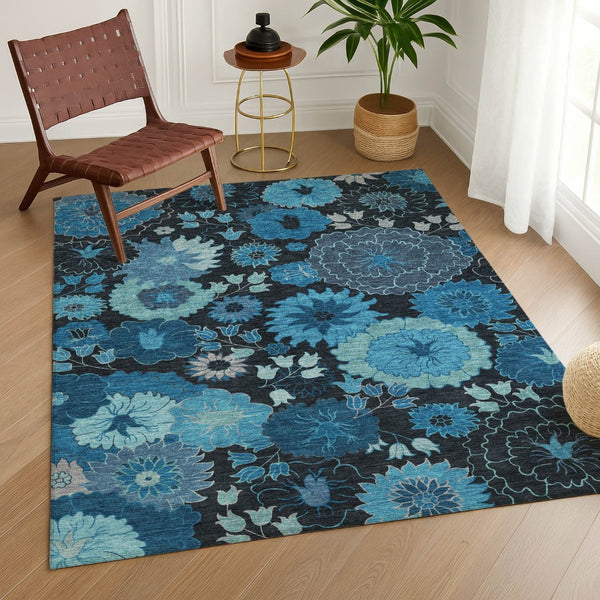 HomeRoots 9' X 12' Blue and Black Floral Indoor Outdoor Area Rug - Durable, Washable, Stylish for Any Space 658121