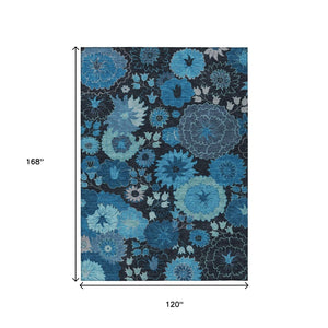 HomeRoots 10' Blue & Black Floral Washable Area Rug - Durable Indoor/Outdoor Design for High-Traffic Spaces! 658122