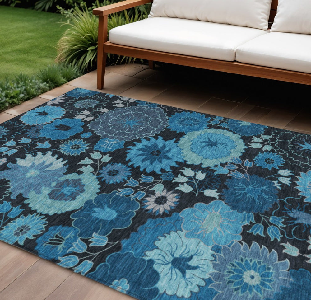 HomeRoots 10' Blue & Black Floral Washable Area Rug - Durable Indoor/Outdoor Design for High-Traffic Spaces! 658122