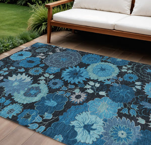 HomeRoots 10' Blue & Black Floral Washable Area Rug - Durable Indoor/Outdoor Design for High-Traffic Spaces! 658122